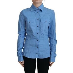 Ferre Blue Cotton Long Sleeves Collared Button Down Women's Top